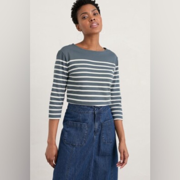 Seasalt Cornwall Organic Cotton Sailor Shirt Grey Striped Shirt Size 8 US Size 4 - Picture 1 of 8